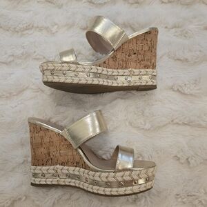 BCBGeneration Gold Metallic Cork Platform Wedge Sandals – Size 7